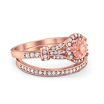 Two Piece Wedding Promise Ring Rose Tone, Simulated Morganite CZ 925 Sterling Silver